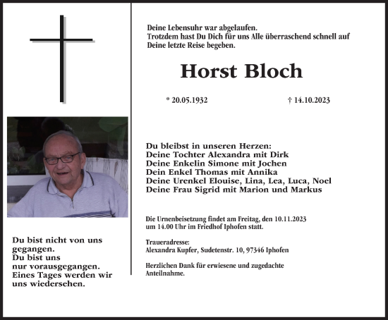 Anzeige von Horst Bloch von MGO