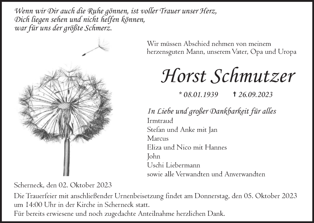  Traueranzeige für Horst Schmutzer vom 02.10.2023 aus MGO