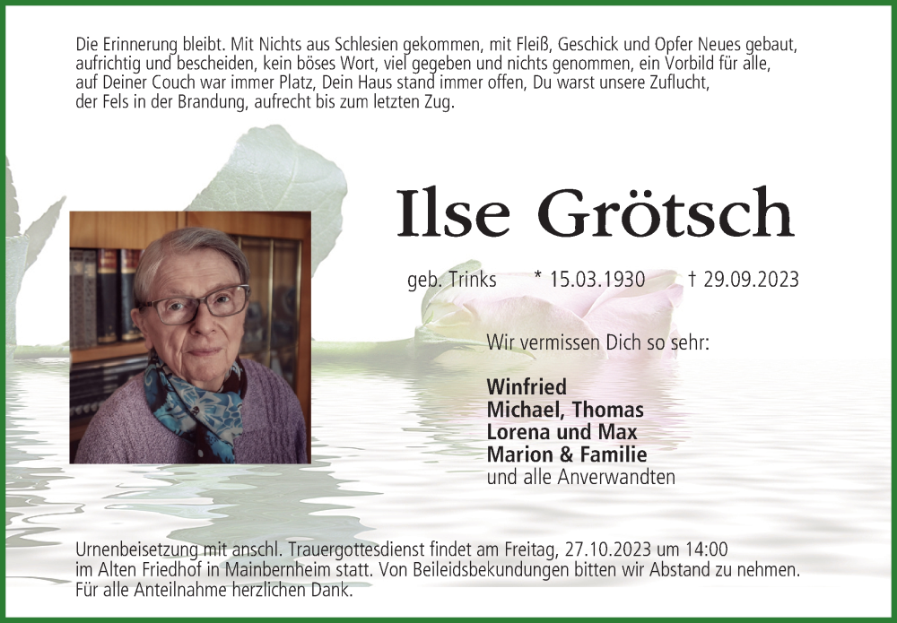  Traueranzeige für Ilse Grötsch vom 21.10.2023 aus MGO
