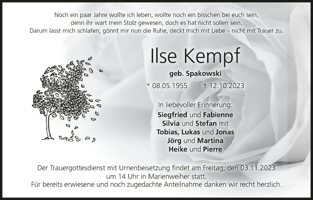 Traueranzeige für Ilse Kempf vom 28.10.2023 aus MGO