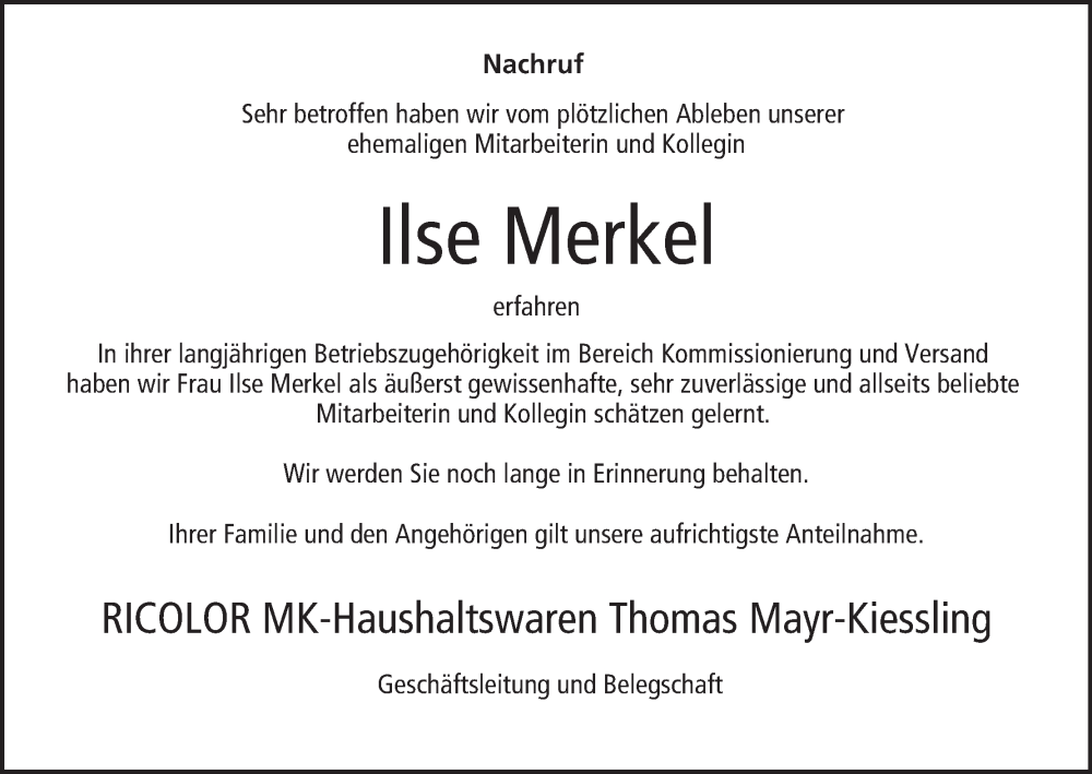  Traueranzeige für Ilse Merkel vom 04.10.2023 aus MGO