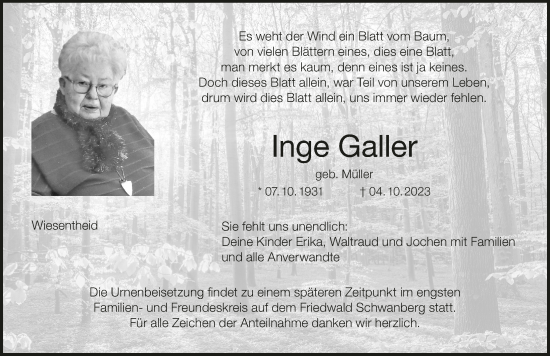 Anzeige von Inge Galler von MGO