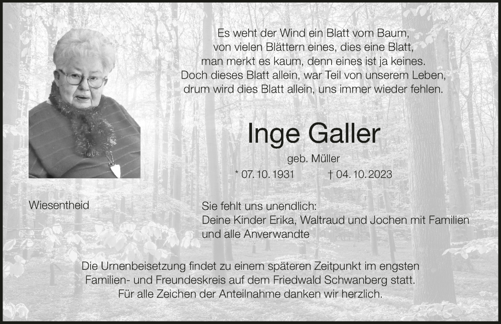  Traueranzeige für Inge Galler vom 14.10.2023 aus MGO