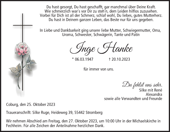 Anzeige von Inge Hanke von MGO