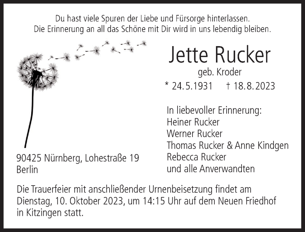  Traueranzeige für Jette Rucker vom 07.10.2023 aus MGO