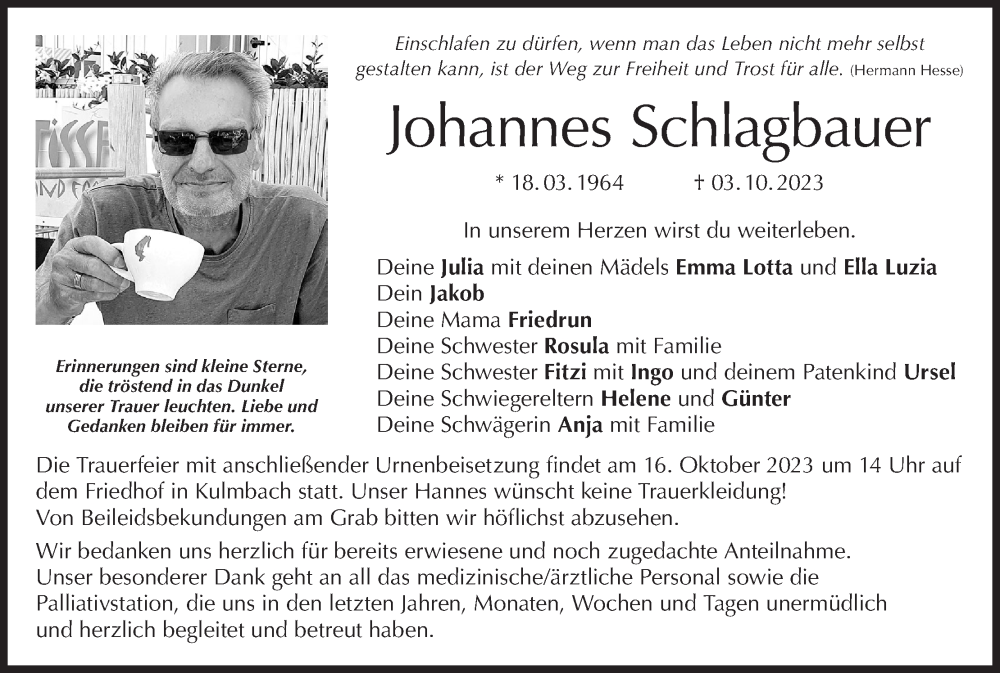  Traueranzeige für Johannes Schlagbauer vom 11.10.2023 aus MGO
