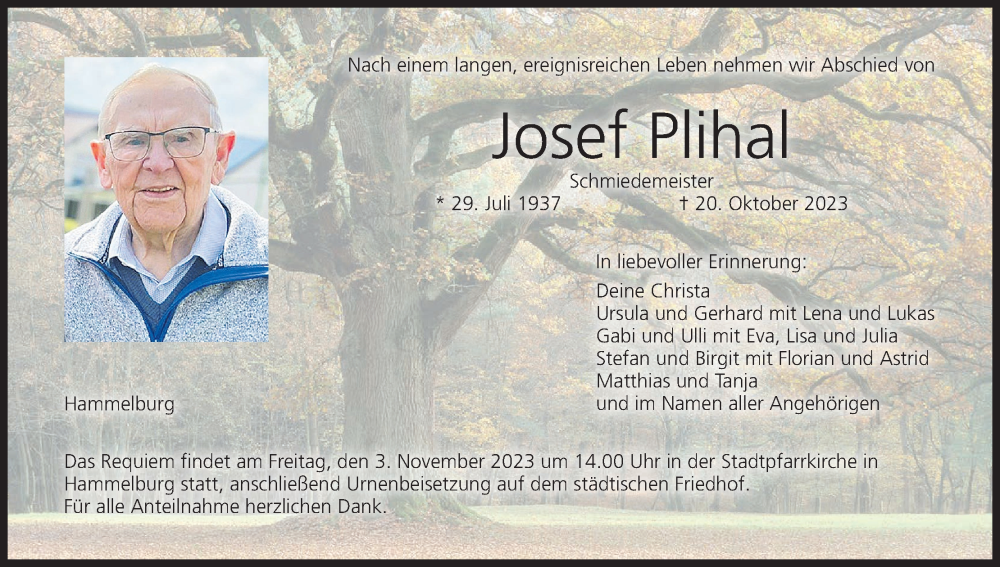  Traueranzeige für Josef Plihal vom 28.10.2023 aus MGO