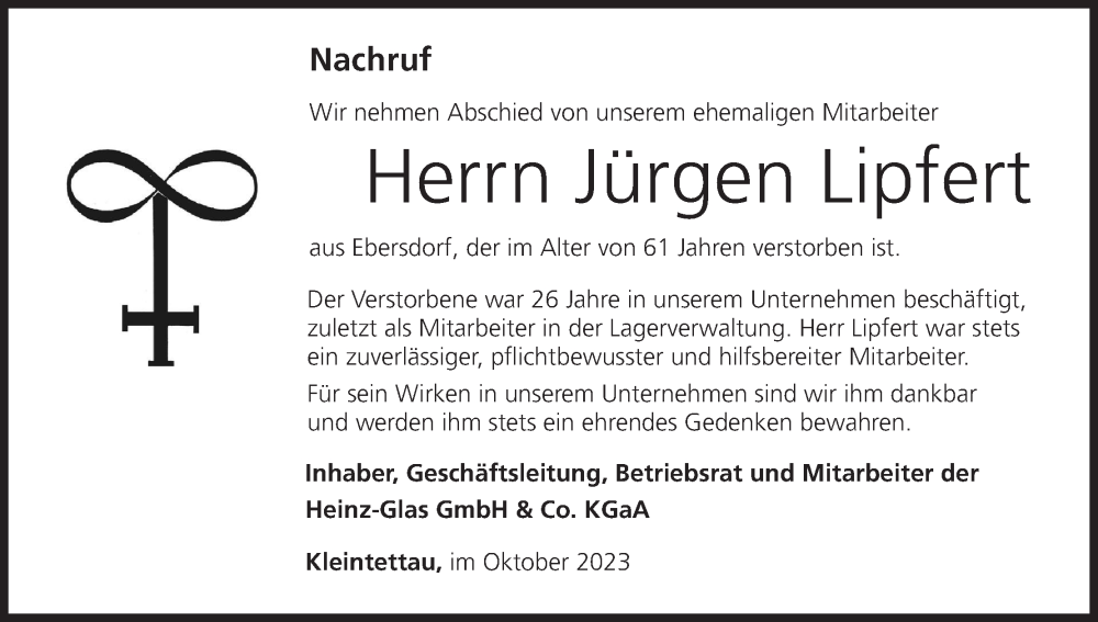  Traueranzeige für Jürgen Lipfert vom 09.10.2023 aus MGO