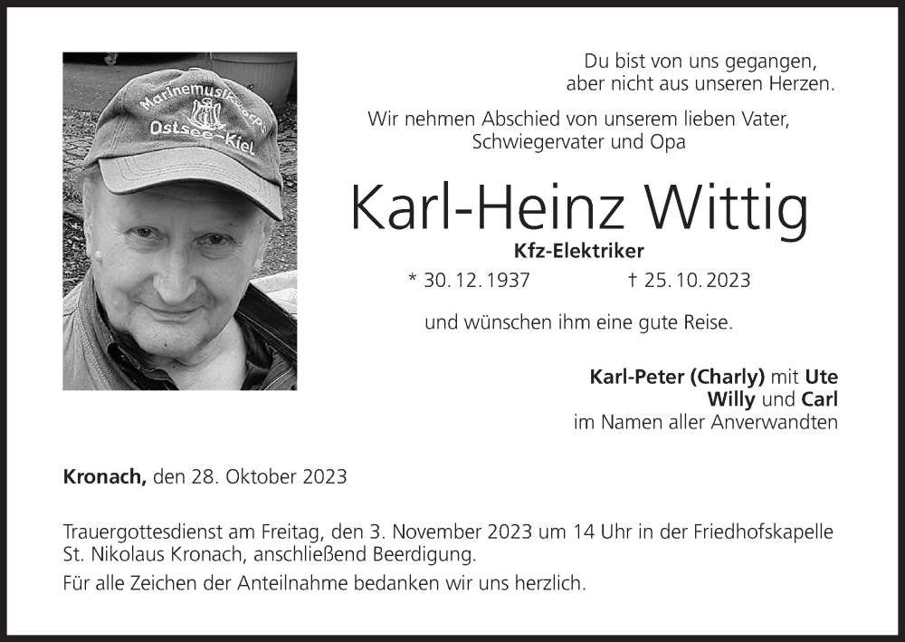  Traueranzeige für Karl-Heinz Wittig vom 28.10.2023 aus MGO