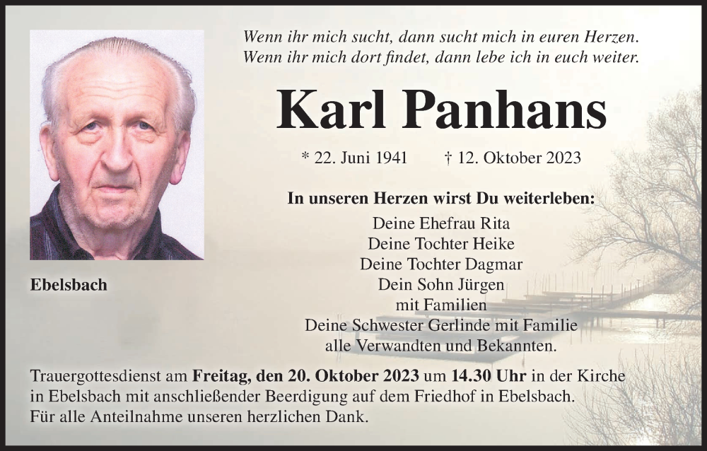  Traueranzeige für Karl Panhans vom 17.10.2023 aus MGO