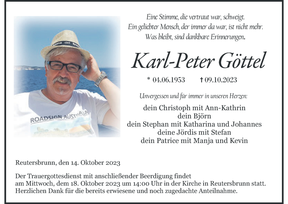  Traueranzeige für Karl-Peter Göttel vom 14.10.2023 aus MGO