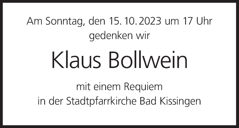  Traueranzeige für Klaus Bollwein vom 13.10.2023 aus MGO