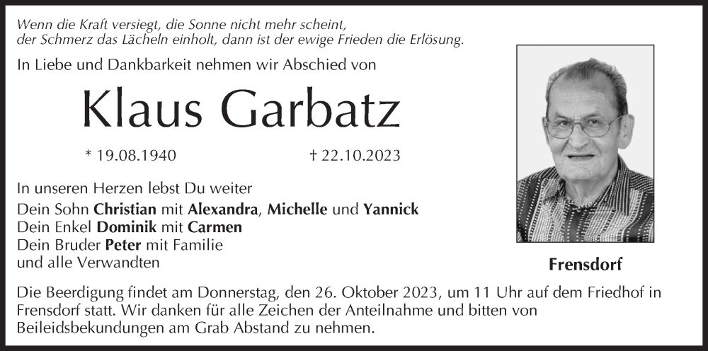  Traueranzeige für Klaus Garbatz vom 24.10.2023 aus MGO