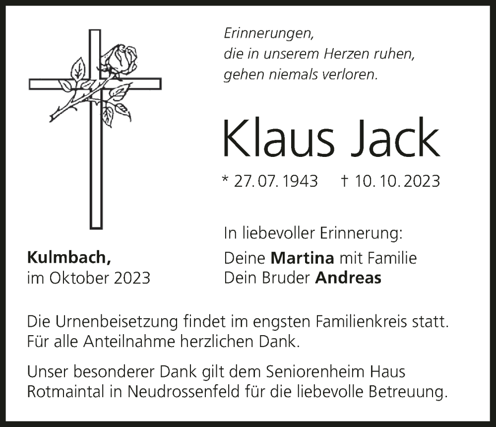  Traueranzeige für Klaus Jack vom 14.10.2023 aus MGO