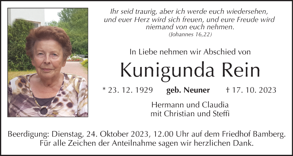  Traueranzeige für Kunigunda Rein vom 21.10.2023 aus MGO