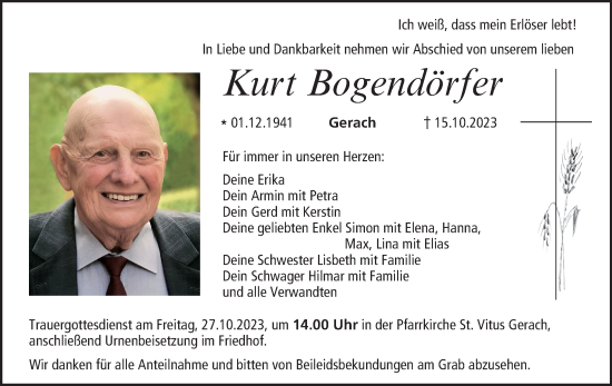 Anzeige von Kurt Bogendörfer von MGO