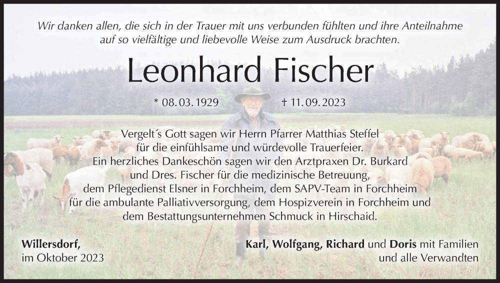  Traueranzeige für Leonhard Fischer vom 14.10.2023 aus MGO