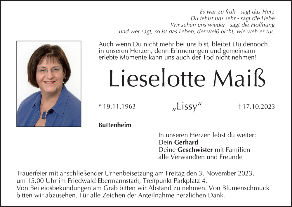  Traueranzeige für Lieselotte Maiß vom 28.10.2023 aus MGO