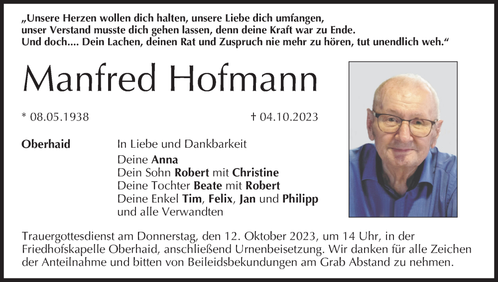  Traueranzeige für Manfred Hofmann vom 07.10.2023 aus MGO