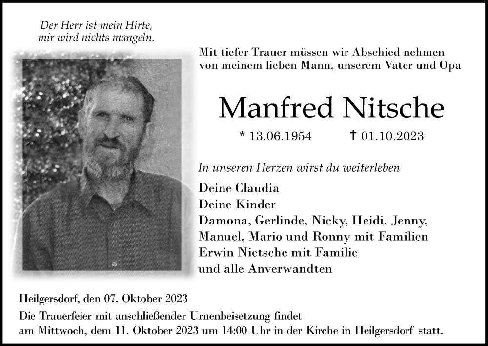  Traueranzeige für Manfred Nitsche vom 07.10.2023 aus MGO