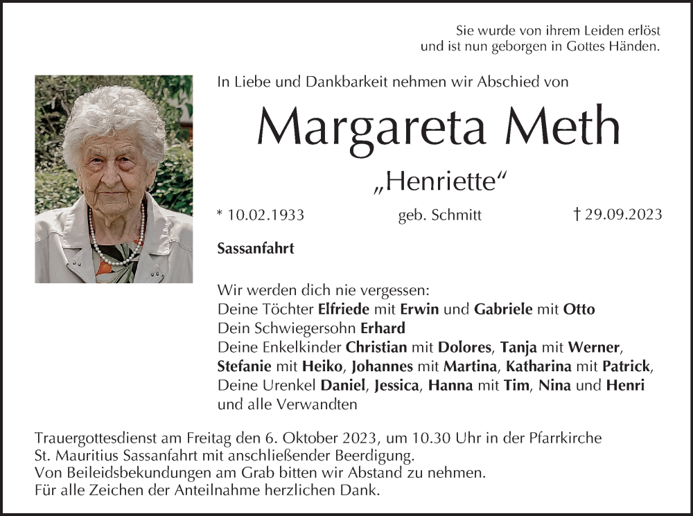  Traueranzeige für Margareta Meth vom 04.10.2023 aus MGO