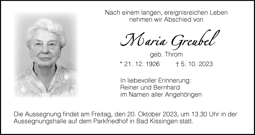  Traueranzeige für Maria Greubel vom 14.10.2023 aus MGO