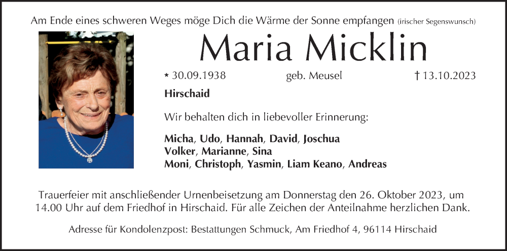  Traueranzeige für Maria Micklin vom 21.10.2023 aus MGO