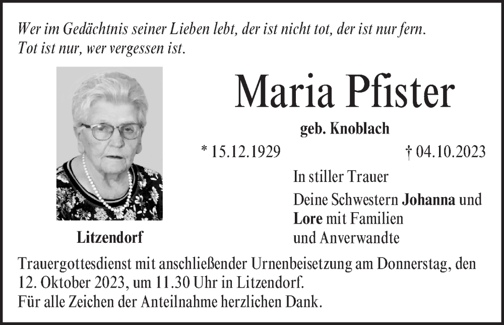  Traueranzeige für Maria Pfister vom 07.10.2023 aus MGO