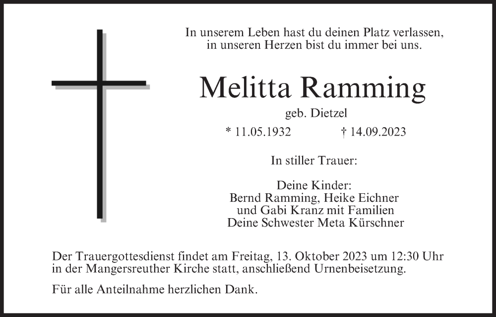  Traueranzeige für Melitta Ramming vom 11.10.2023 aus MGO