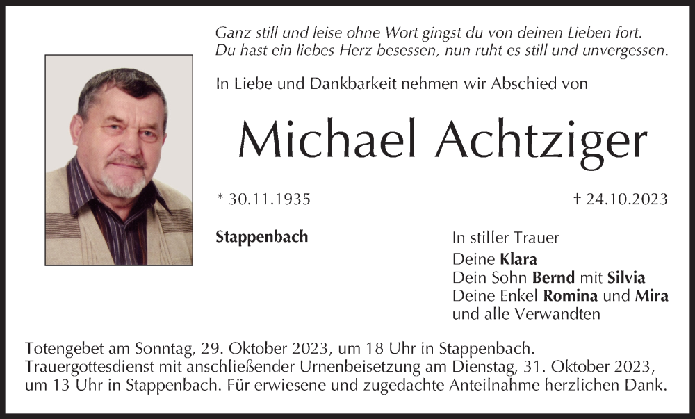  Traueranzeige für Michael Achtziger vom 28.10.2023 aus MGO