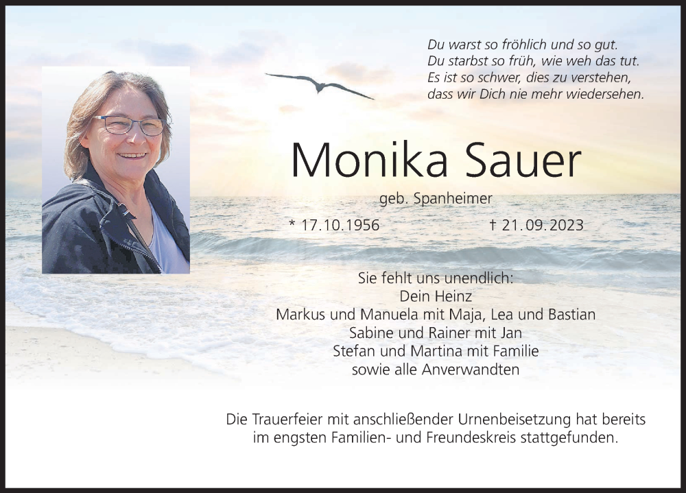  Traueranzeige für Monika Sauer vom 07.10.2023 aus MGO