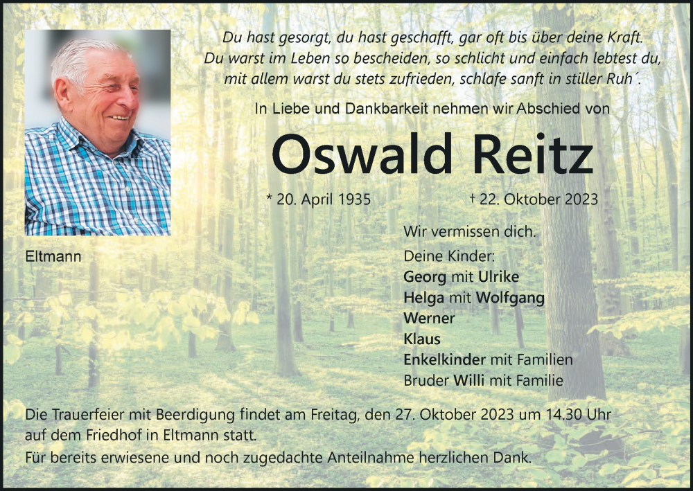  Traueranzeige für Oswald Reitz vom 25.10.2023 aus MGO