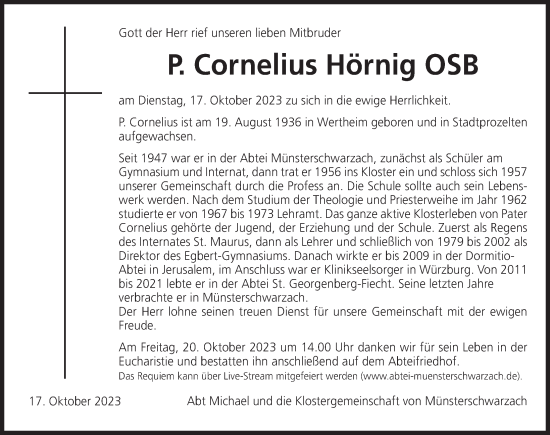 Anzeige von P. Cornelius Hörnig von MGO