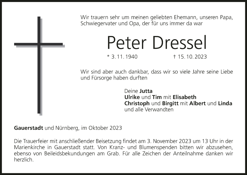  Traueranzeige für Peter Dressel vom 28.10.2023 aus MGO