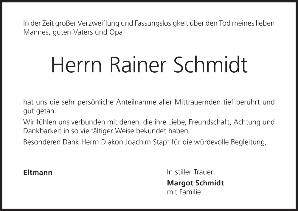  Traueranzeige für Rainer Schmidt vom 07.10.2023 aus MGO