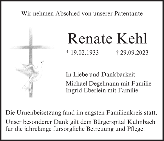 Anzeige von Renate Kehl von MGO