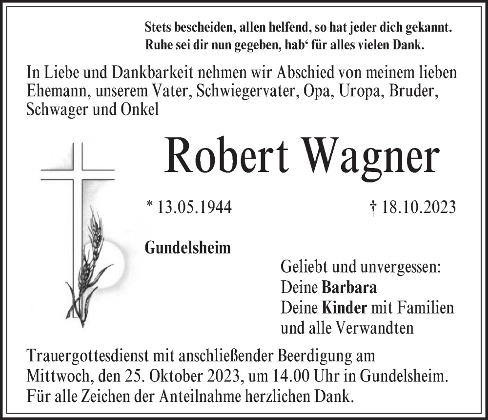  Traueranzeige für Robert Wagner vom 21.10.2023 aus MGO