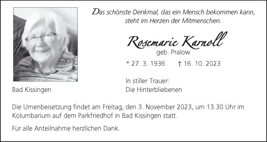 Anzeige von Rosemarie Karnoll von MGO