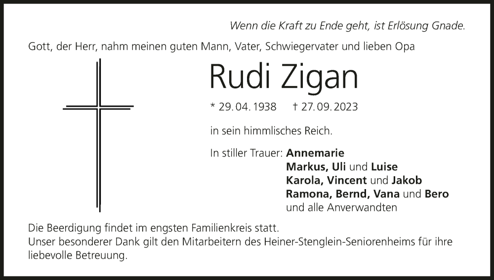  Traueranzeige für Rudi Zigan vom 14.10.2023 aus MGO