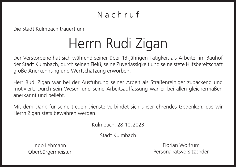  Traueranzeige für Rudi Zigan vom 28.10.2023 aus MGO