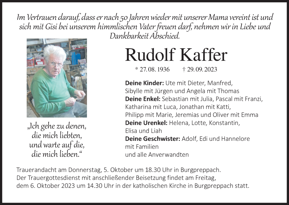  Traueranzeige für Rudolf Kaffer vom 04.10.2023 aus MGO