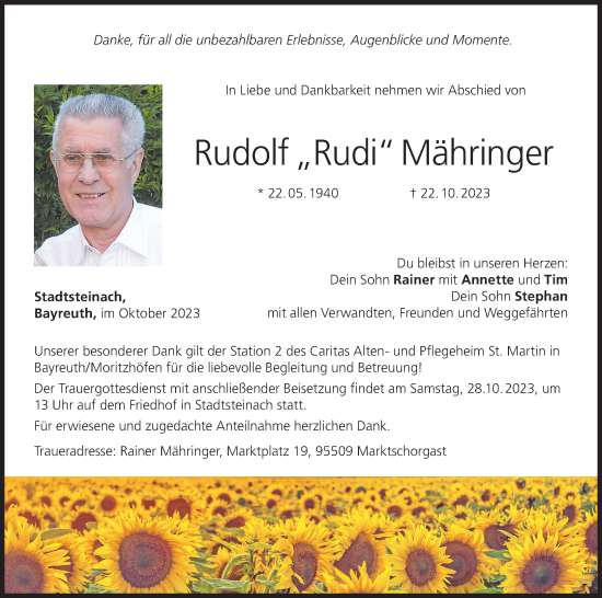 Anzeige von Rudolf  Mähringer von MGO