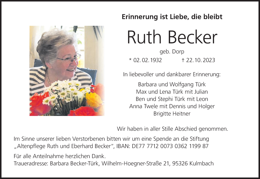  Traueranzeige für Ruth Becker vom 28.10.2023 aus MGO