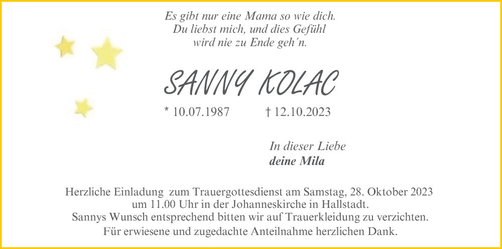  Traueranzeige für Sanny Kolac vom 21.10.2023 aus MGO