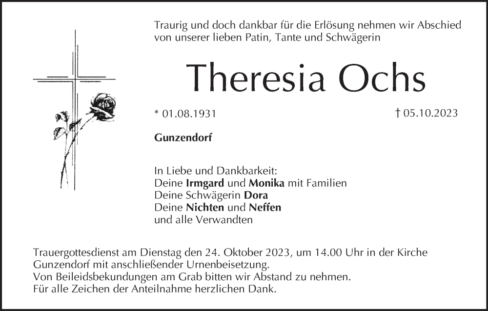  Traueranzeige für Theresia Ochs vom 21.10.2023 aus MGO