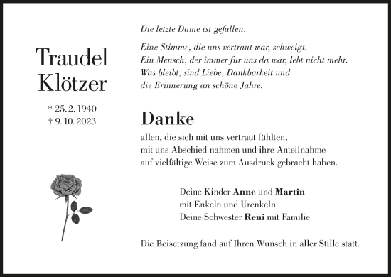 Anzeige von Traudel Klötzer von MGO