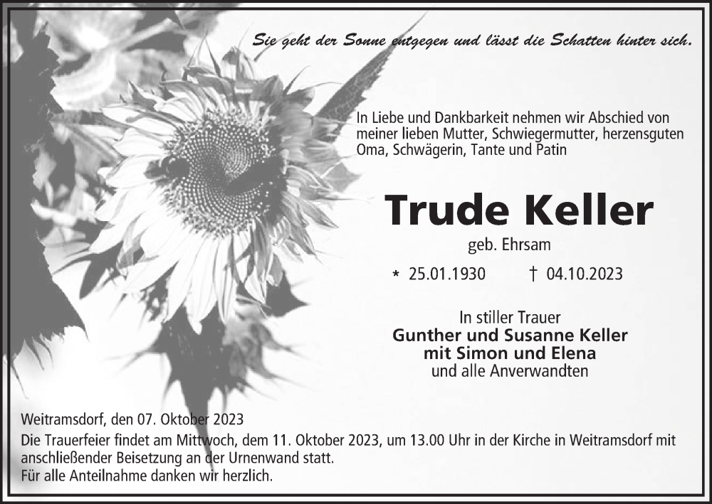  Traueranzeige für Trude Keller vom 07.10.2023 aus MGO