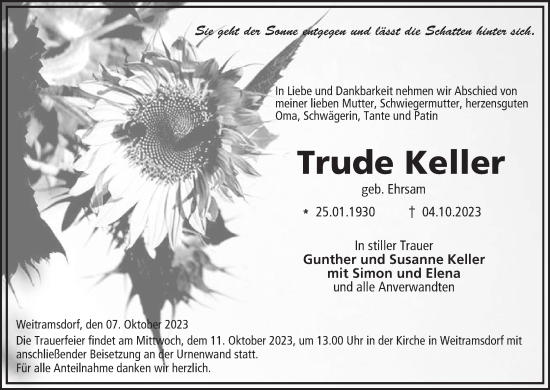 Anzeige von Trude Keller von MGO