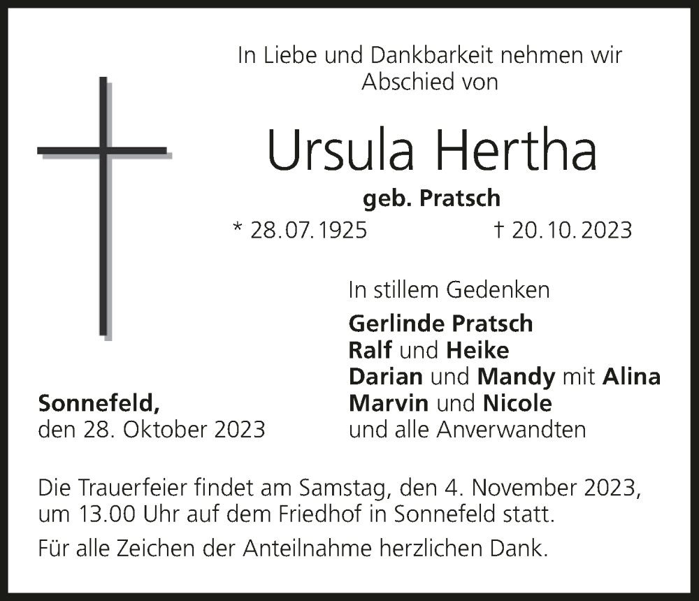  Traueranzeige für Ursula Hertha vom 28.10.2023 aus MGO
