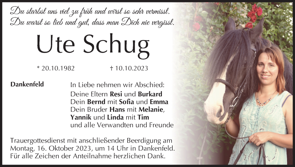  Traueranzeige für Ute Schug vom 14.10.2023 aus MGO